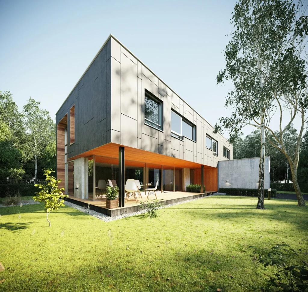 House Facade Styles - a modern exterior house with sleek grey siding and a square frame.