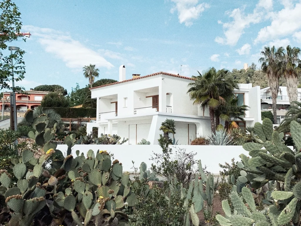 House Facade Styles - a clean, minimalistic white house with palm trees surrounding it.