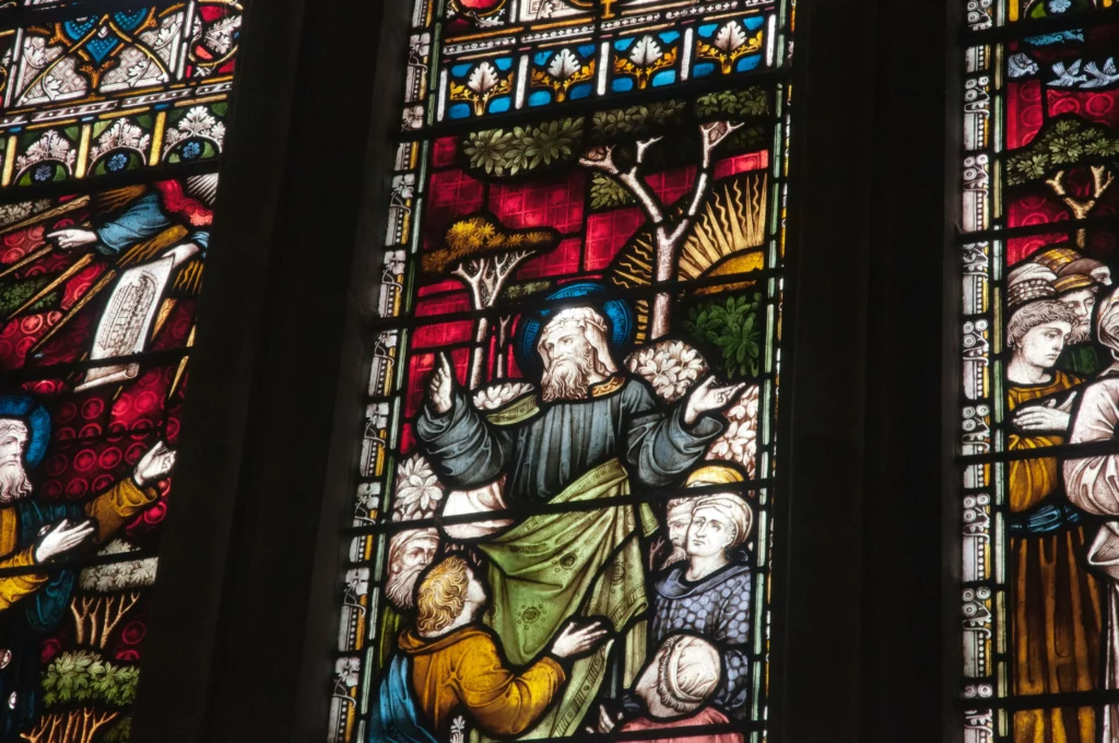 Old stained glass windows in a chruch.