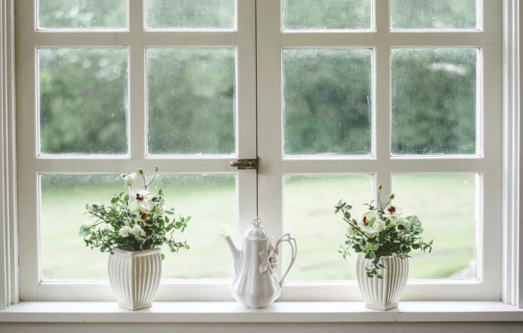 A white Window Screen Frame around an old fashioned window with plants in front.