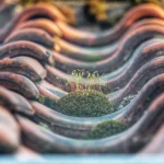 A close up of a tile roof with moss growing out of it.