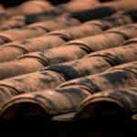 A close up of orange roof tiles that are blackened with dirt.